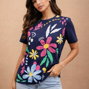Navy Blue Floral Printed Round-Neck T-Shirt for Women