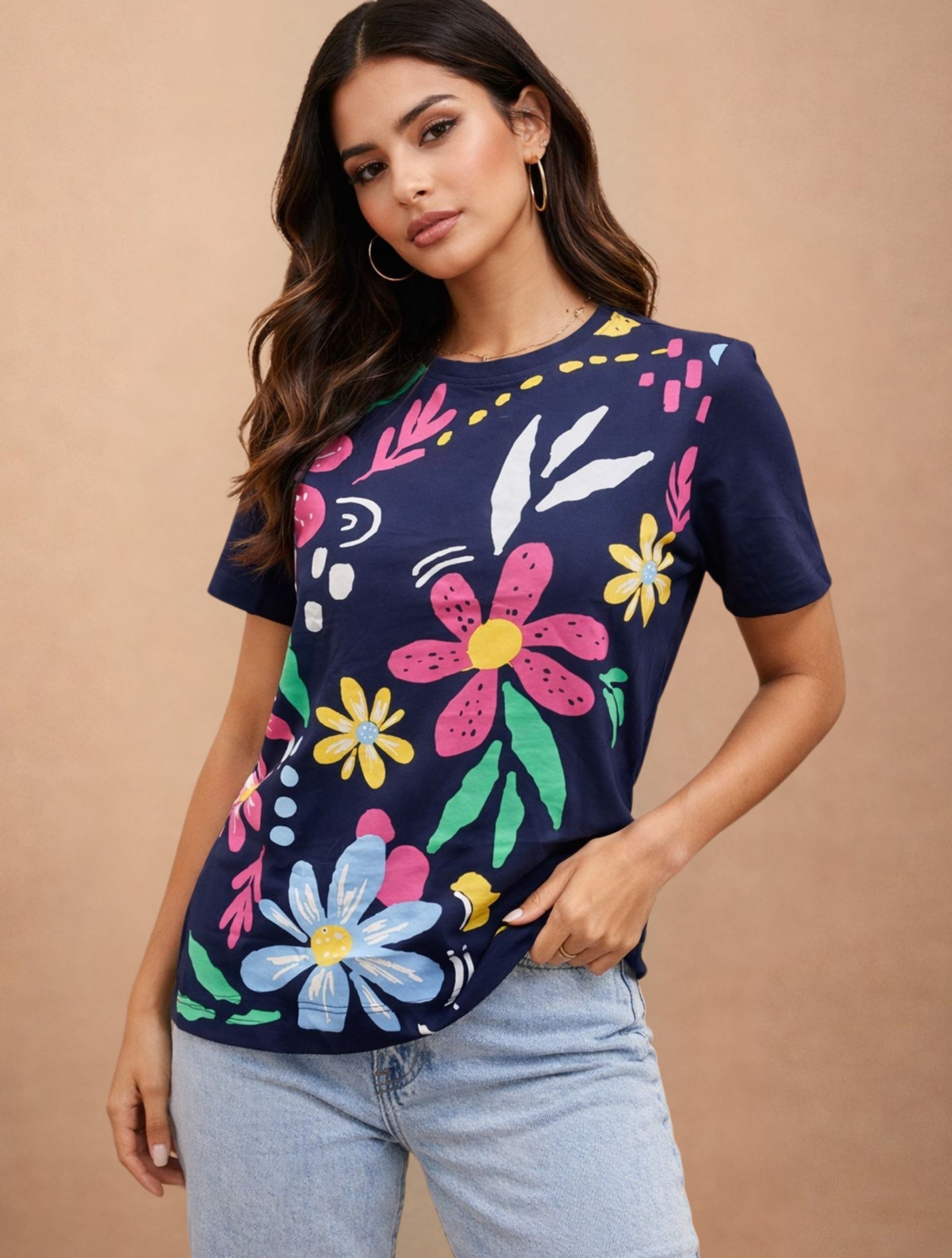 Navy Blue Floral Printed Round-Neck T-Shirt for Women