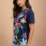 Navy Blue Floral Printed Round-Neck T-Shirt for Women