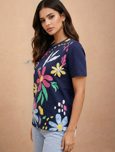 Navy Blue Floral Printed Round-Neck T-Shirt for Women