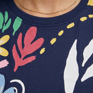 Navy Blue Floral Printed Round-Neck T-Shirt for Women