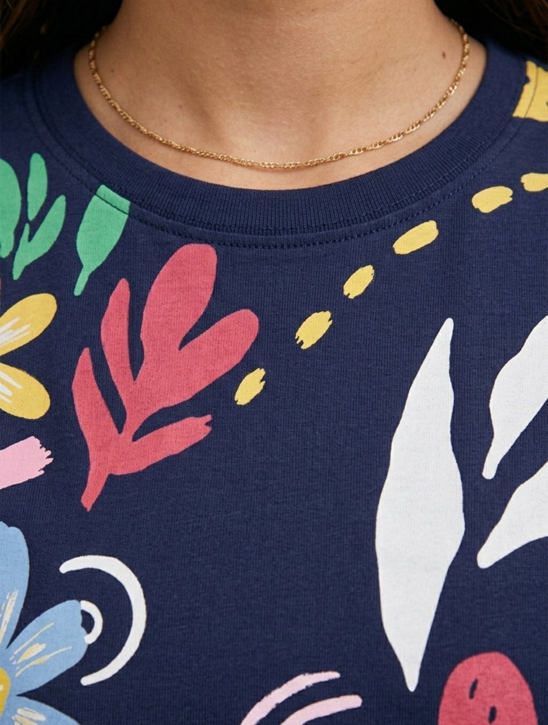 Navy Blue Floral Printed Round-Neck T-Shirt for Women