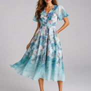 Blue Floral Flutter Midi Dress