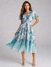 Blue Floral Flutter Midi Dress