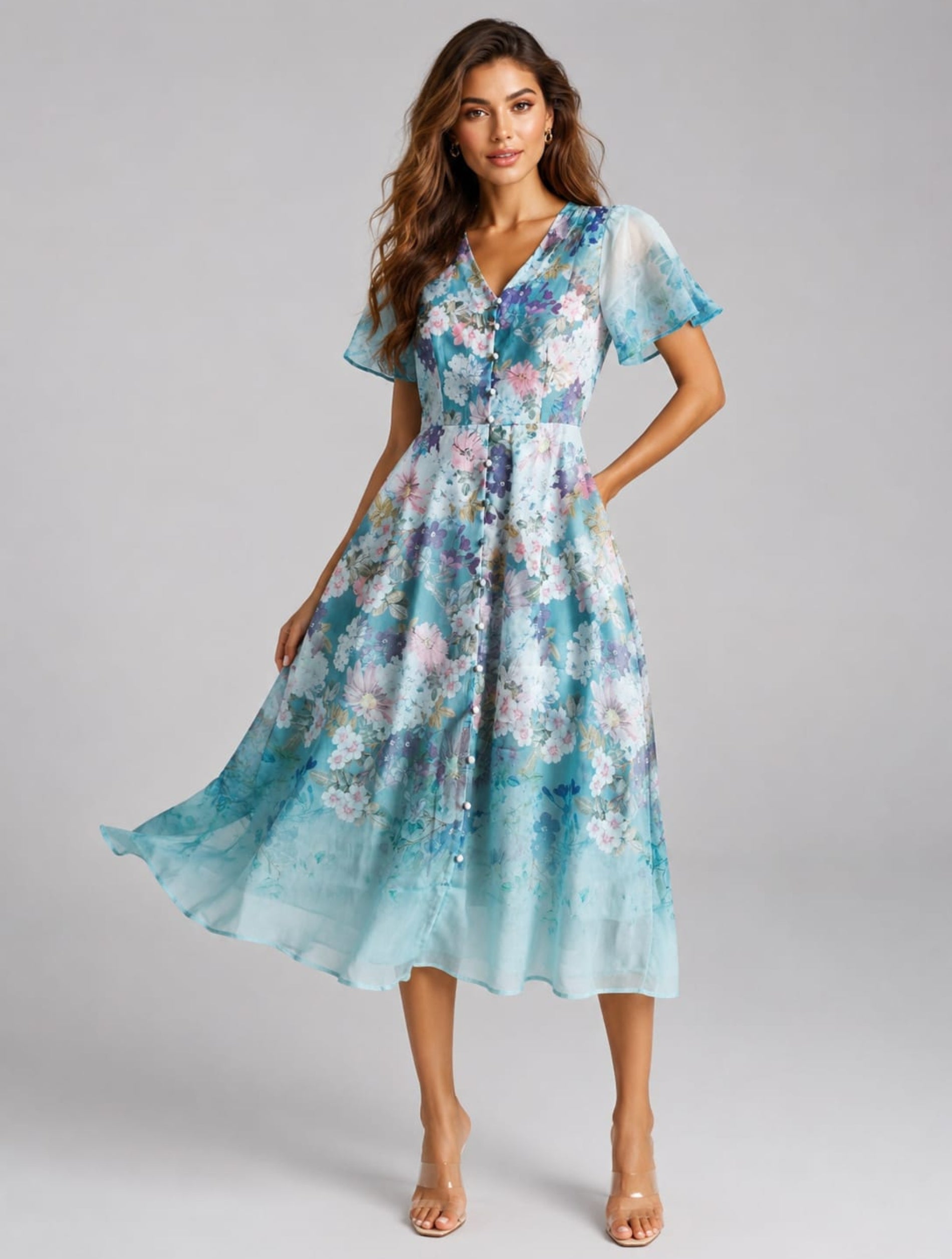 Blue Floral Flutter Midi Dress