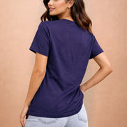 Navy Blue Floral Printed Round-Neck T-Shirt for Women