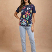 Navy Blue Floral Printed Round-Neck T-Shirt for Women
