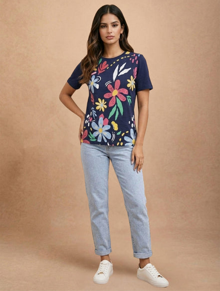 Navy Blue Floral Printed Round-Neck T-Shirt for Women
