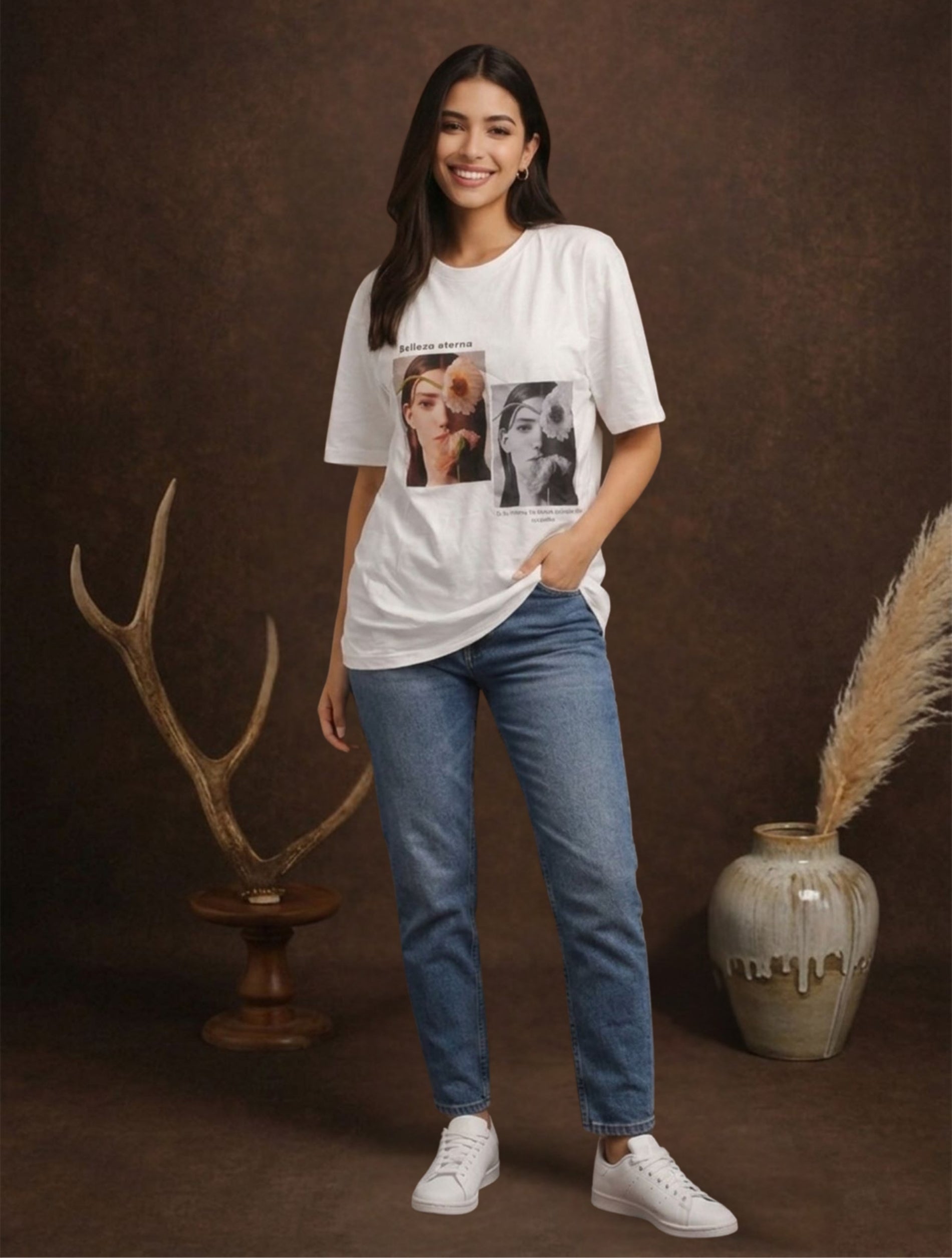 White Vintage Bloom Graphic T-Shirt for Women