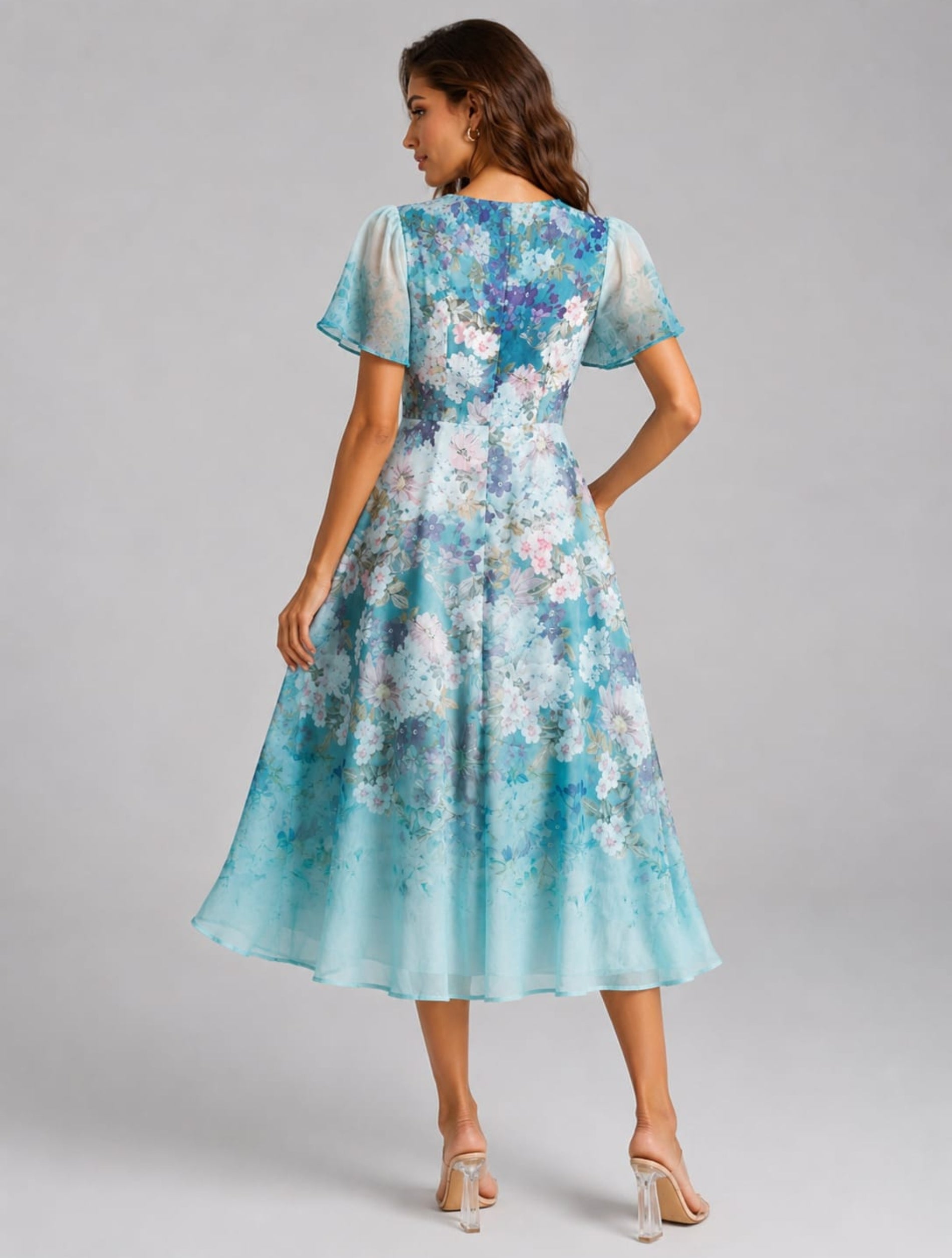 Blue Floral Flutter Midi Dress
