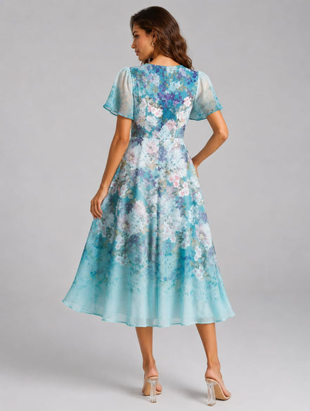 Blue Floral Flutter Midi Dress