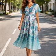 Blue Floral Flutter Midi Dress