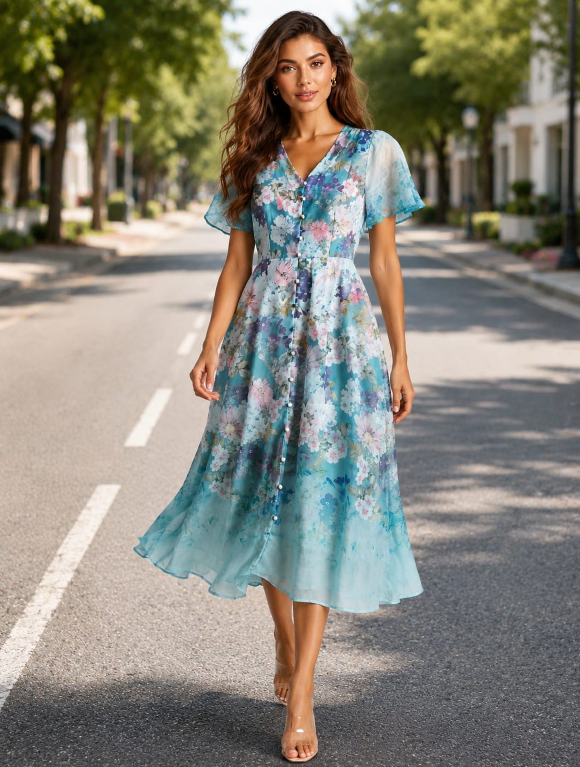 Blue Floral Flutter Midi Dress