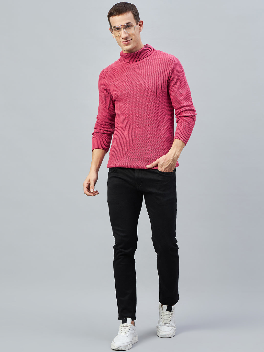 Pink Ribbed High Neck Sweater