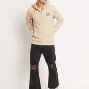 Beige Solid Full Sleeve Hooded Sweatshirt