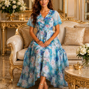 Blue Floral Flutter Midi Dress