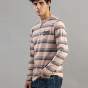 Charcoal Striped Henley Full-Sleeve T-Shirt For Men