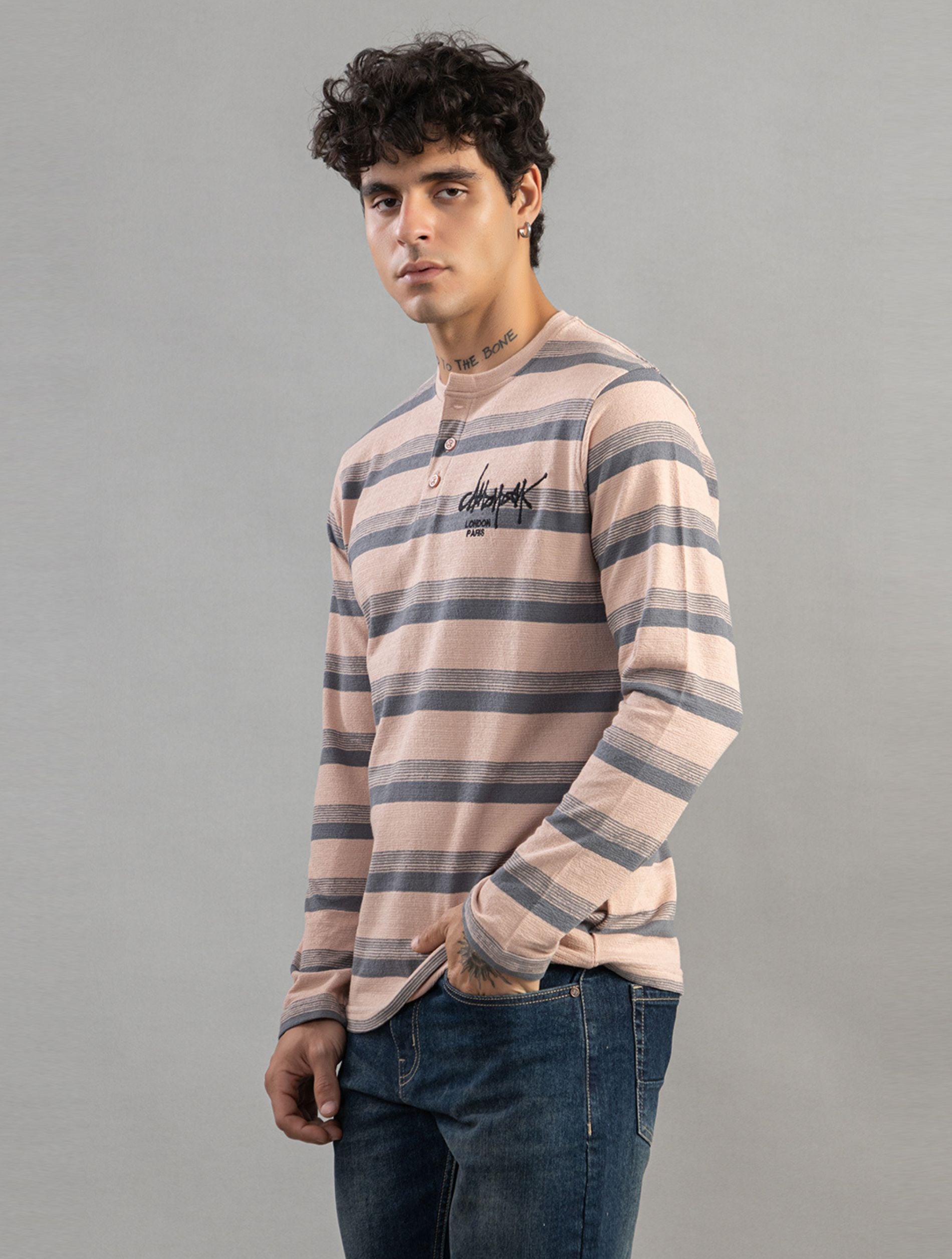 Charcoal Striped Henley Full-Sleeve T-Shirt For Men