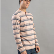 Charcoal Striped Henley Full-Sleeve T-Shirt For Men