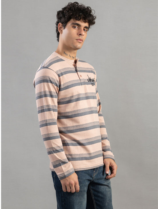 Charcoal Striped Henley Full-Sleeve T-Shirt For Men