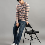 Charcoal Striped Henley Full-Sleeve T-Shirt For Men