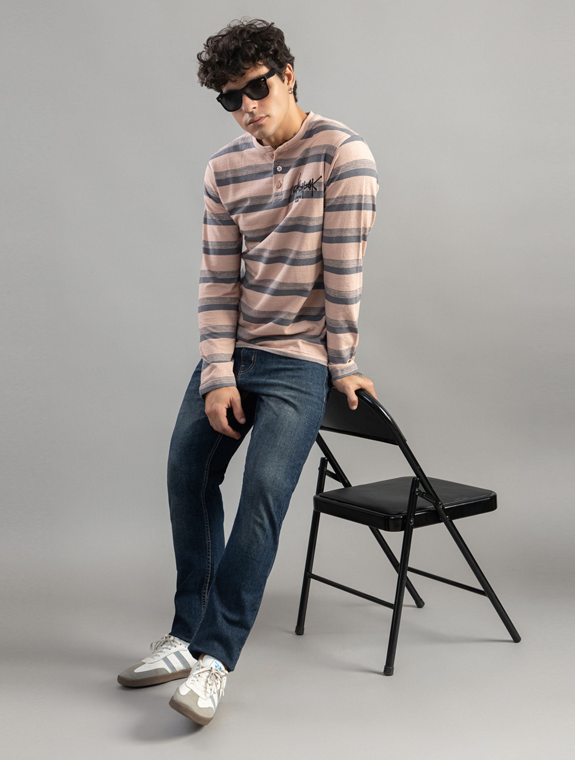 Charcoal Striped Henley Full-Sleeve T-Shirt For Men
