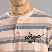Charcoal Striped Henley Full-Sleeve T-Shirt For Men