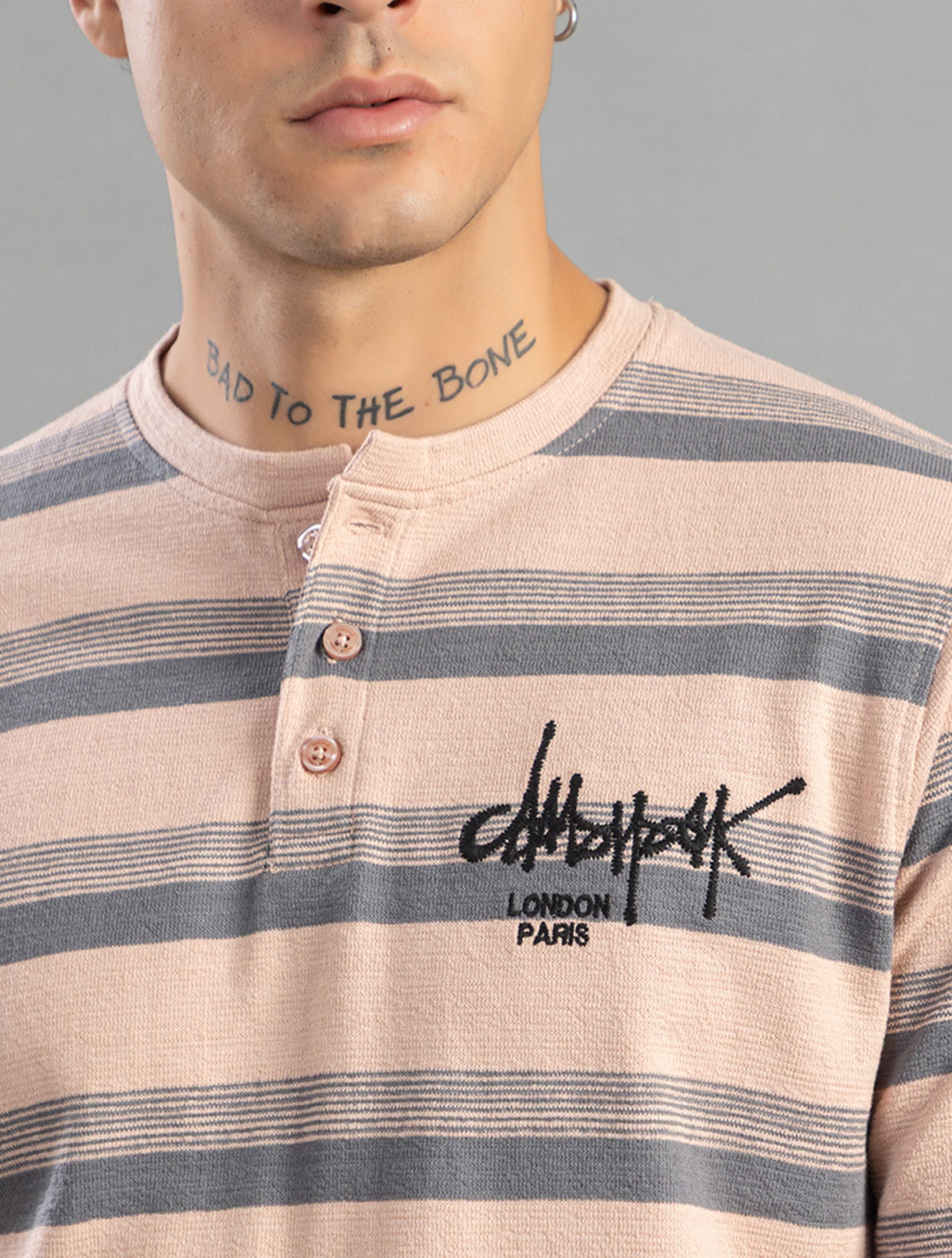 Charcoal Striped Henley Full-Sleeve T-Shirt For Men