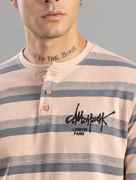 Charcoal Striped Henley Full-Sleeve T-Shirt For Men