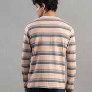 Charcoal Striped Henley Full-Sleeve T-Shirt For Men