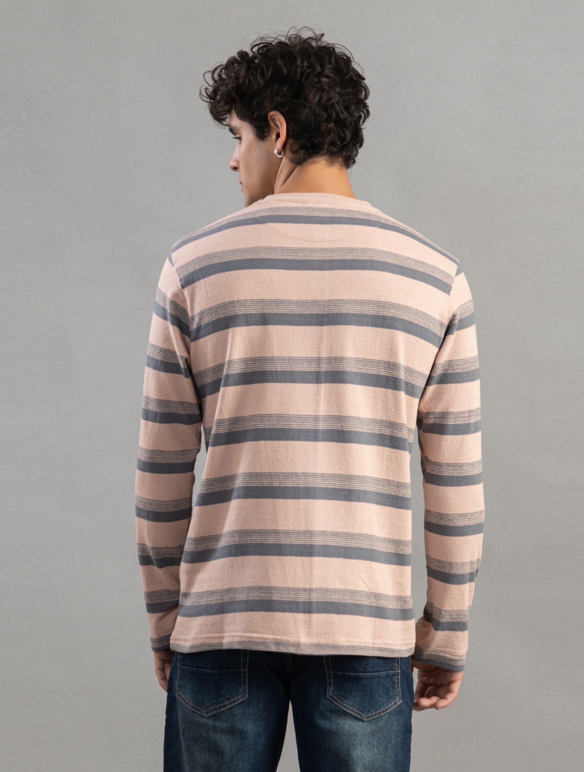 Charcoal Striped Henley Full-Sleeve T-Shirt For Men
