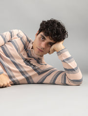Charcoal Striped Henley Full-Sleeve T-Shirt For Men