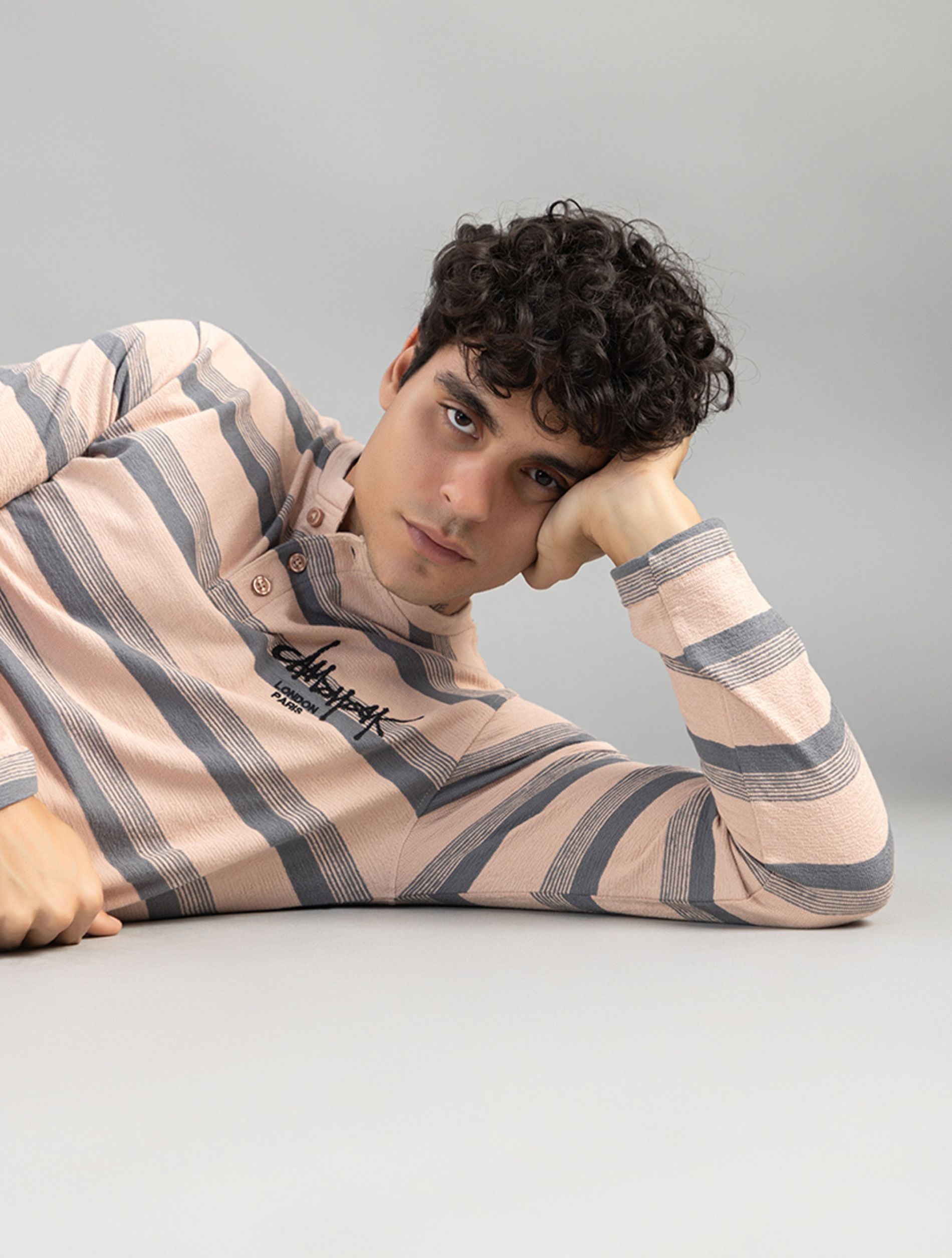 Charcoal Striped Henley Full-Sleeve T-Shirt For Men