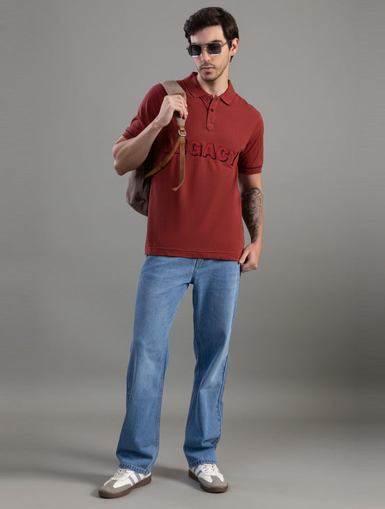 Rust Red Legacy Embroidered Polo T-Shirt For Men