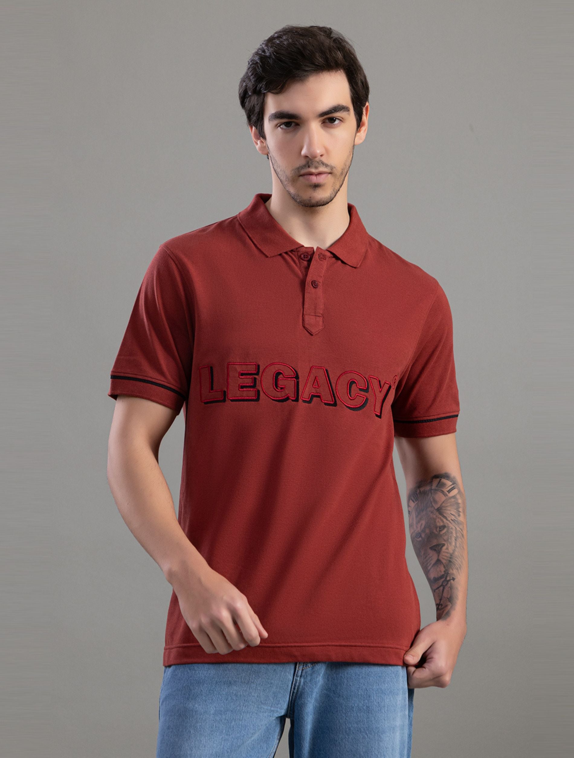 Rust Red Legacy Embroidered Polo T-Shirt For Men