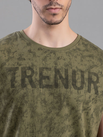 Olive Green Acid Wash Sleeveless Tank Top For Men