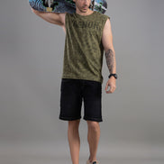 Olive Green Acid Wash Sleeveless Tank Top For Men