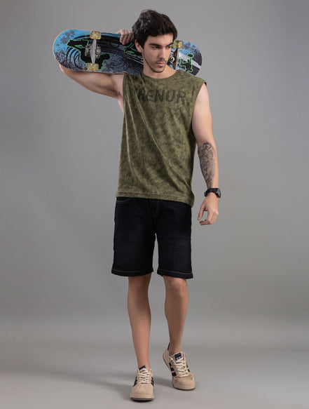 Olive Green Acid Wash Sleeveless Tank Top For Men