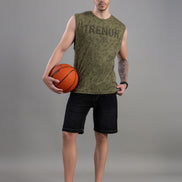 Olive Green Acid Wash Sleeveless Tank Top For Men