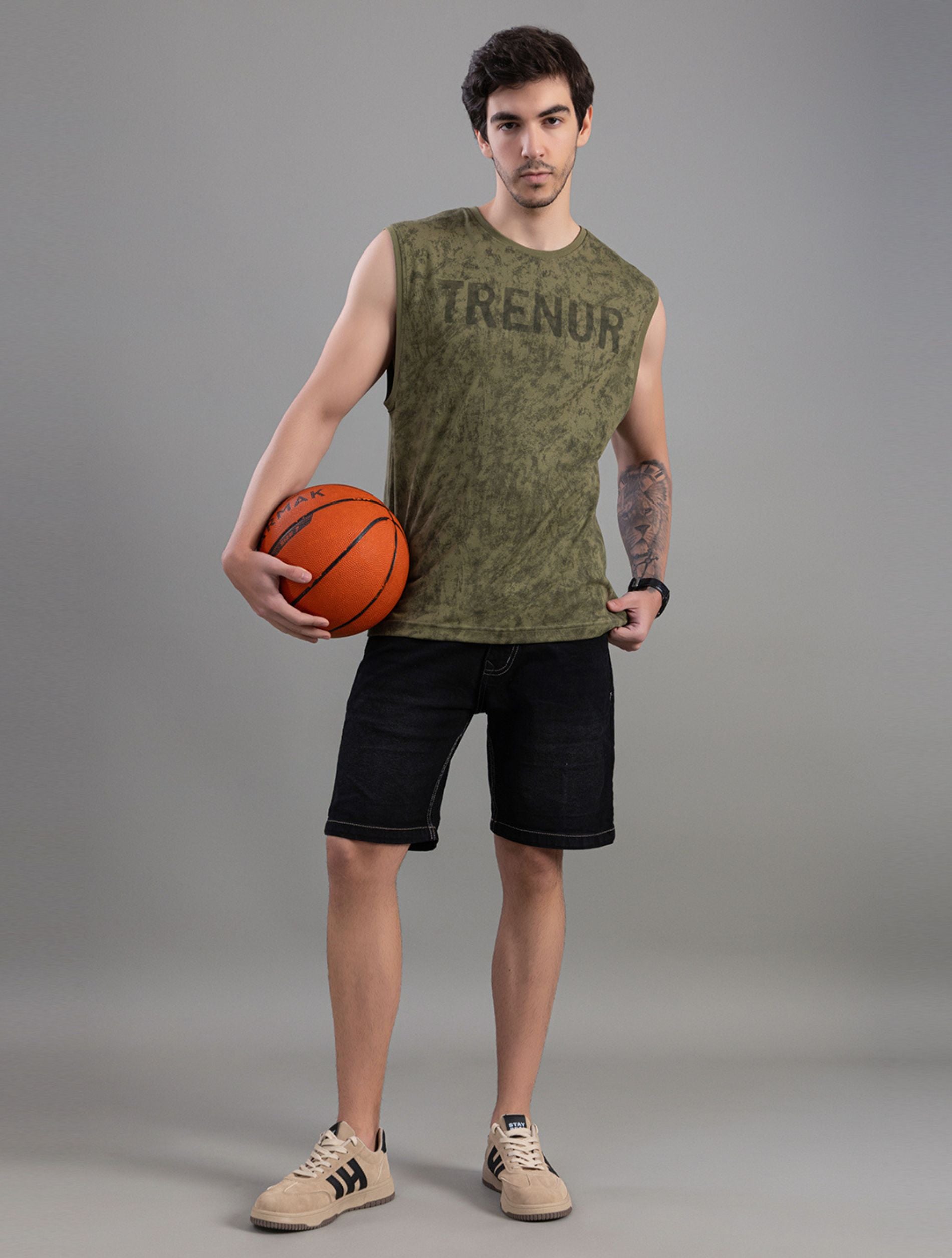 Olive Green Acid Wash Sleeveless Tank Top For Men