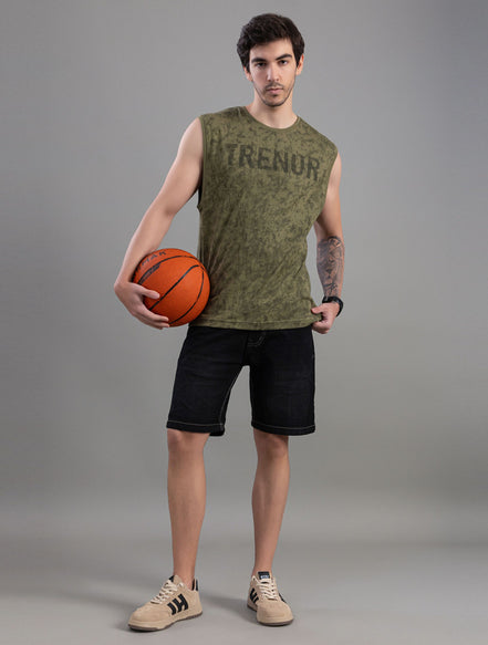Olive Green Acid Wash Sleeveless Tank Top For Men