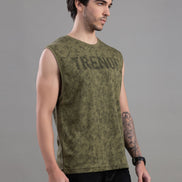 Olive Green Acid Wash Sleeveless Tank Top For Men