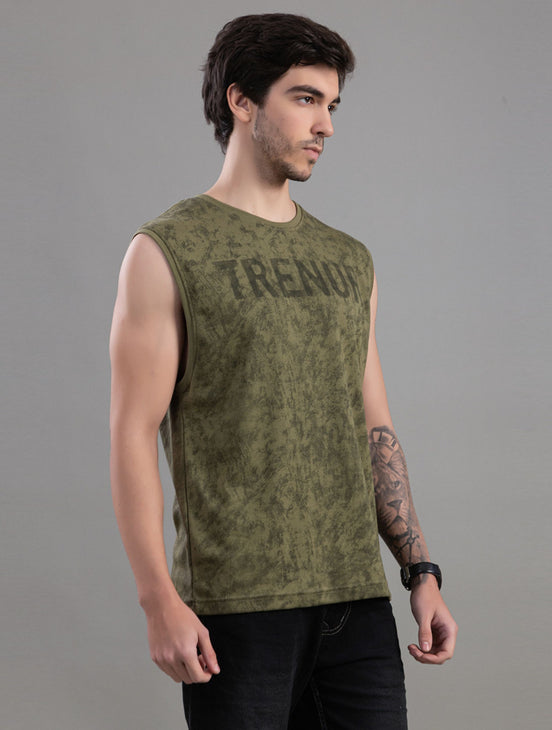 Olive Green Acid Wash Sleeveless Tank Top For Men