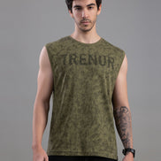 Olive Green Acid Wash Sleeveless Tank Top For Men