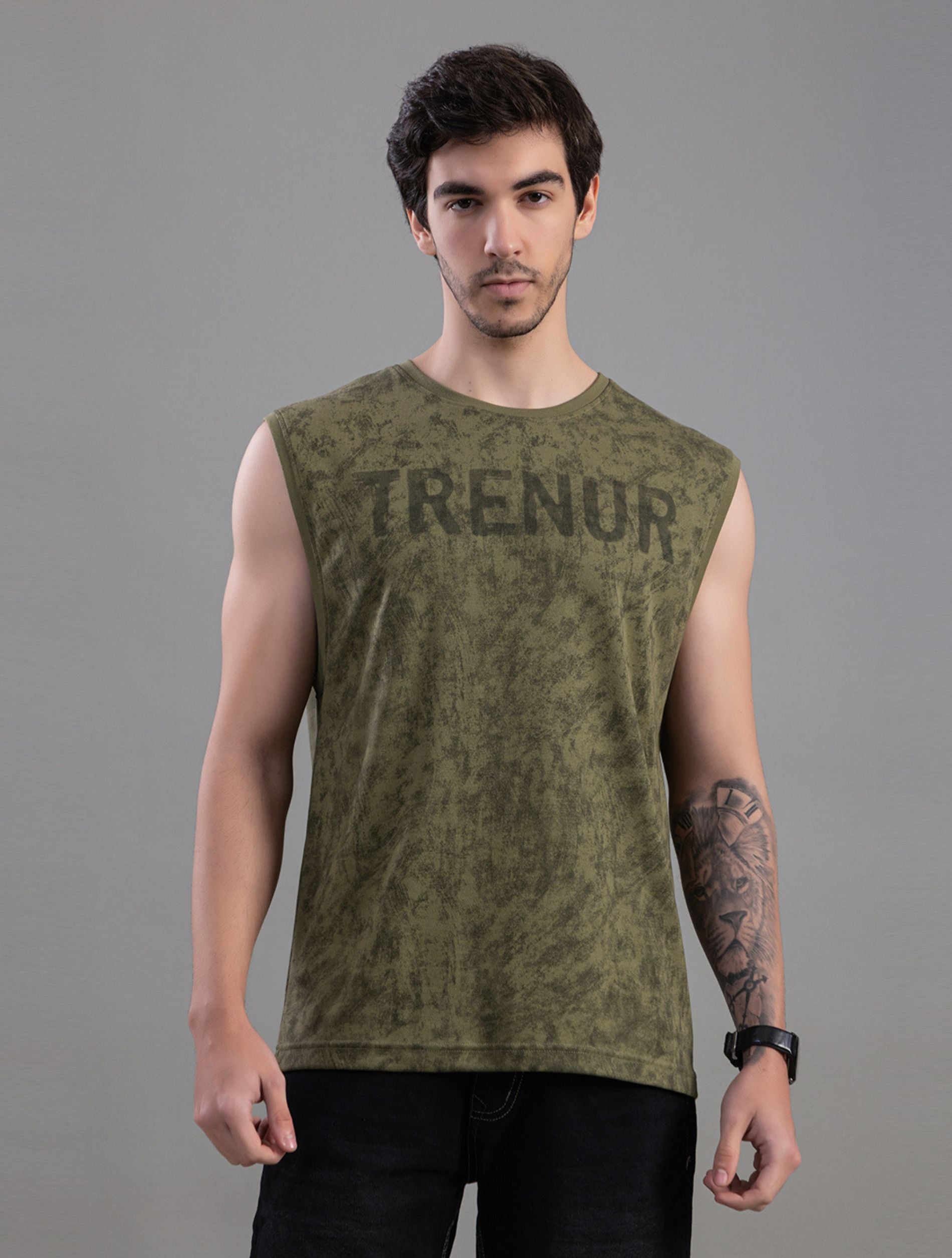 Olive Green Acid Wash Sleeveless Tank Top For Men