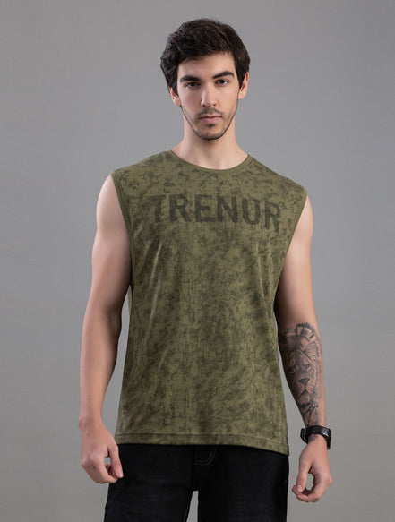 Olive Green Acid Wash Sleeveless Tank Top For Men