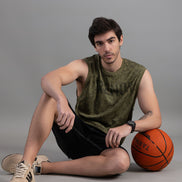 Olive Green Acid Wash Sleeveless Tank Top For Men