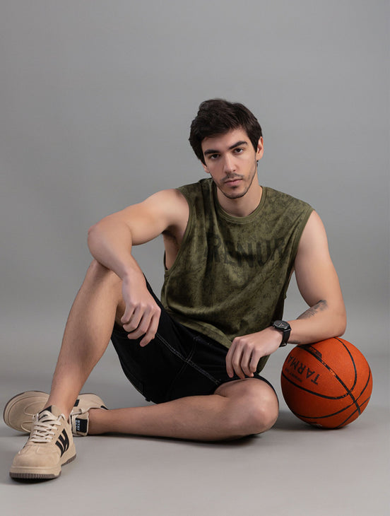 Olive Green Acid Wash Sleeveless Tank Top For Men