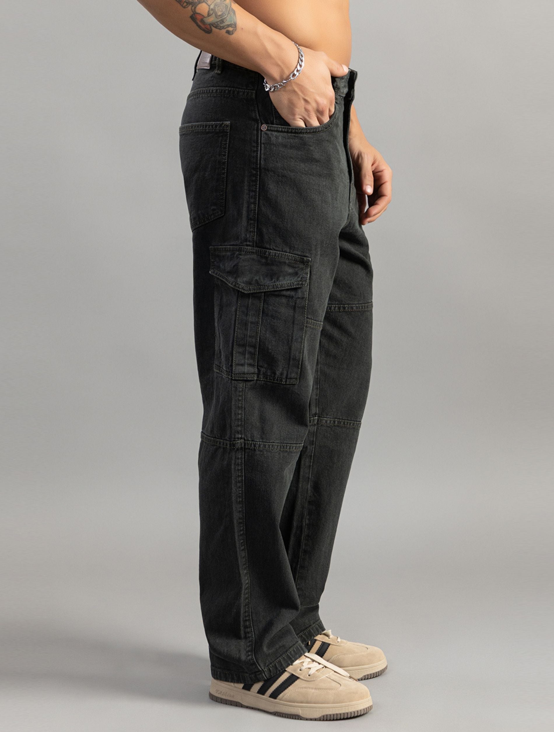 Washed Olive Relaxed Fit Cargo Jeans