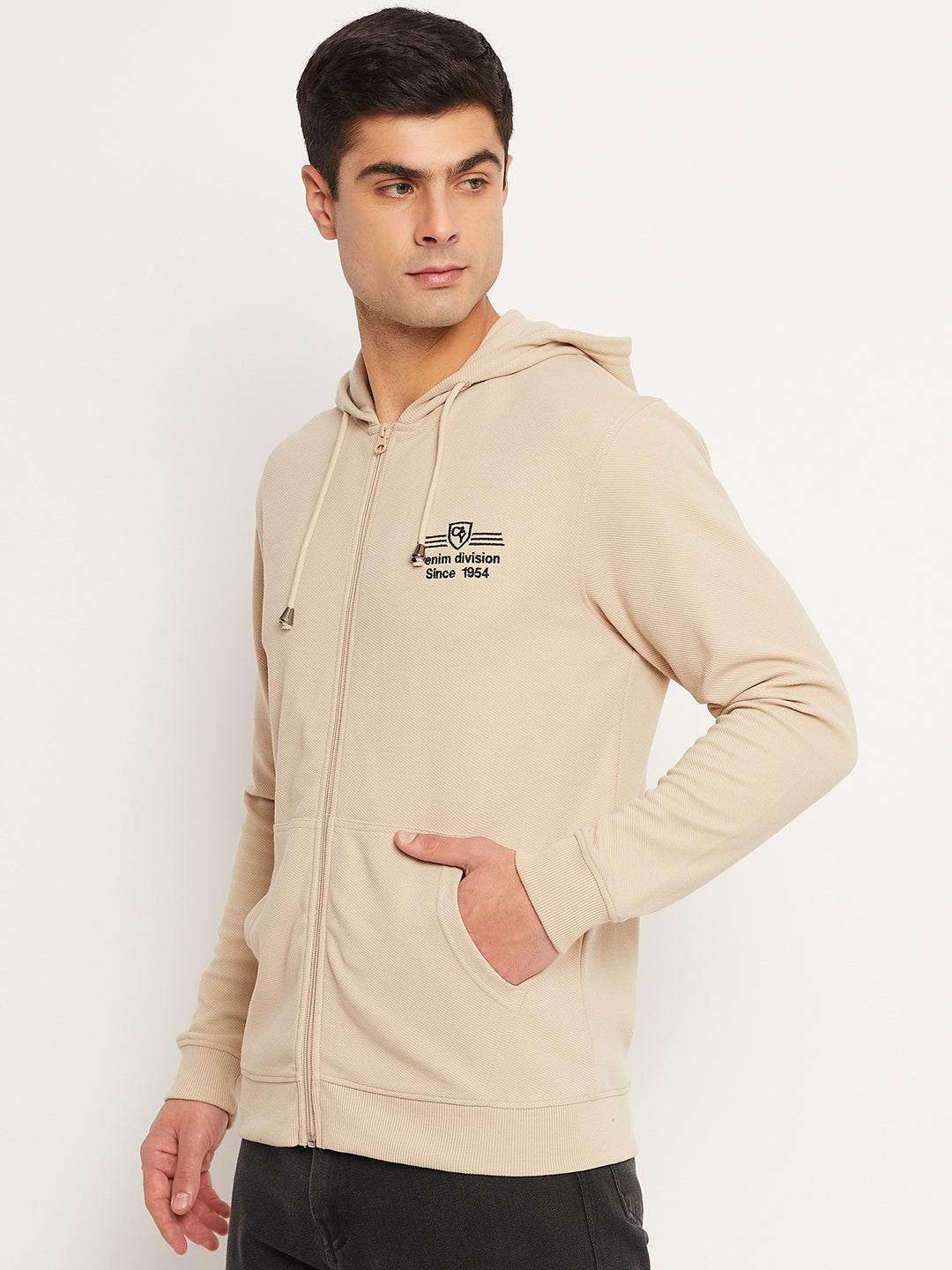 Beige Solid Full Sleeve Hooded Sweatshirt